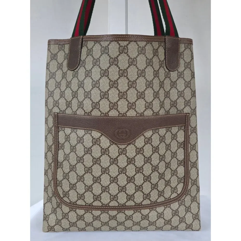 Vintage Gucci Sherry Line GG Brown/Beige PVC and Leather Tote/Shoulder Bag - Picture 2 of 16